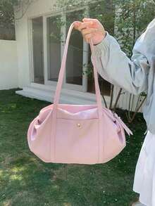 女款尼龍托特包，純色大容量手提包，附前口袋，休閒日常通勤單肩包 - 粉色 - 查看 6