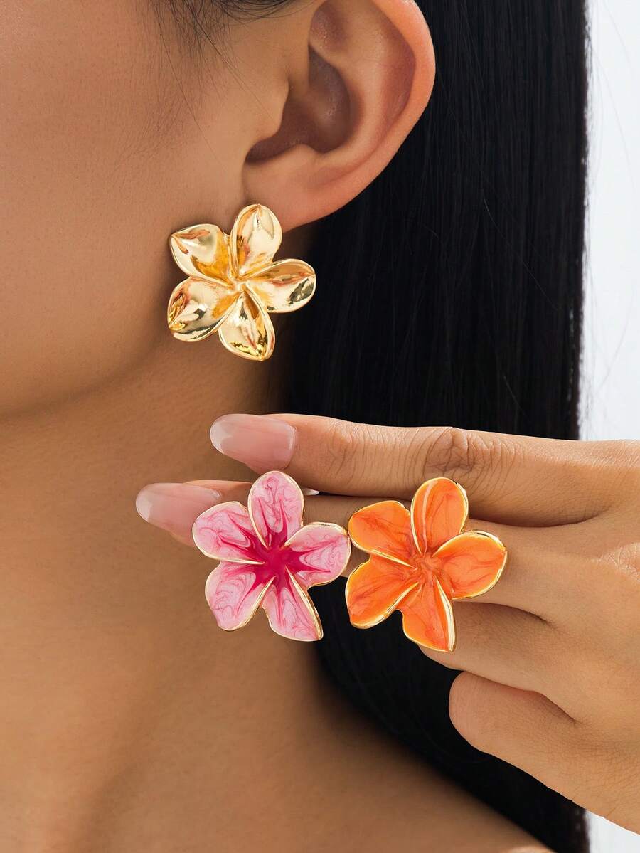 3 paires de boucles d'oreilles à tige pour femmes, style plage de vacances d'été, multicolores mélangées, élégantes et luxueuses, faites à la main, effet goutte d'huile, fraîches et douces, motif plumeria - Multicolore - Voir 1