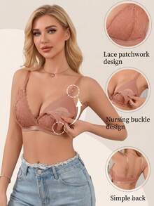Maternity Front-Open Nursing Bra, Sexy Floral Lace, Adjustable Shoulder Straps, Comfortable Bra - Apricot - View 8
