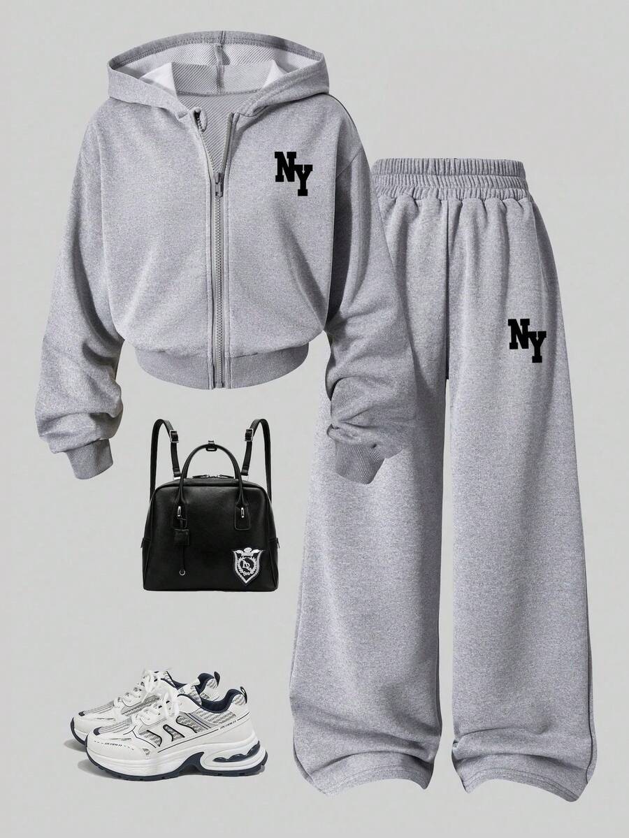 Tween Girl Letter Print Hoodie And Sweatpants Set - Grey - View 1