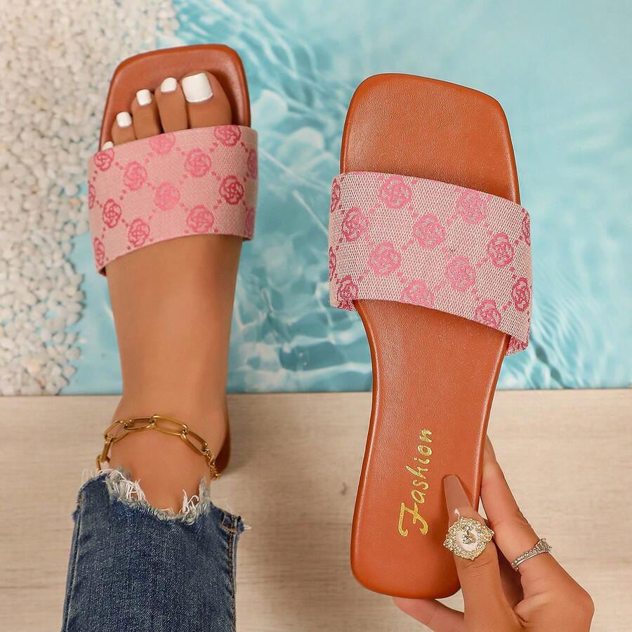 Women's Rhinestone Decor Square Toe Open Toe Flat Slip-On Slides Slip-On Sandals Summer White Casual Daily Vacation Beach - Pink - View 1