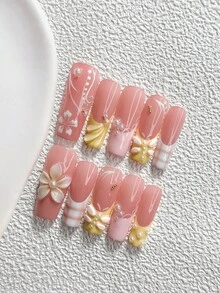 10件/組可愛甜美女孩風手工穿戴式美甲，Polygel美甲套組，3D雕花，粉色與黃色指甲油，韓系可愛美學風，含美甲工具，3種尺寸可選，杏仁形、鴨嘴形、棺材形，適合派對、舞蹈、日常配戴 - 彩色 - 查看 14