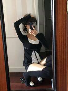 Korean Style Minimalist Tie-Up Tummy-Covering Colorblock Patchwork Ruffle Long Sleeve T-Shirt Top For Women - Black - View 4
