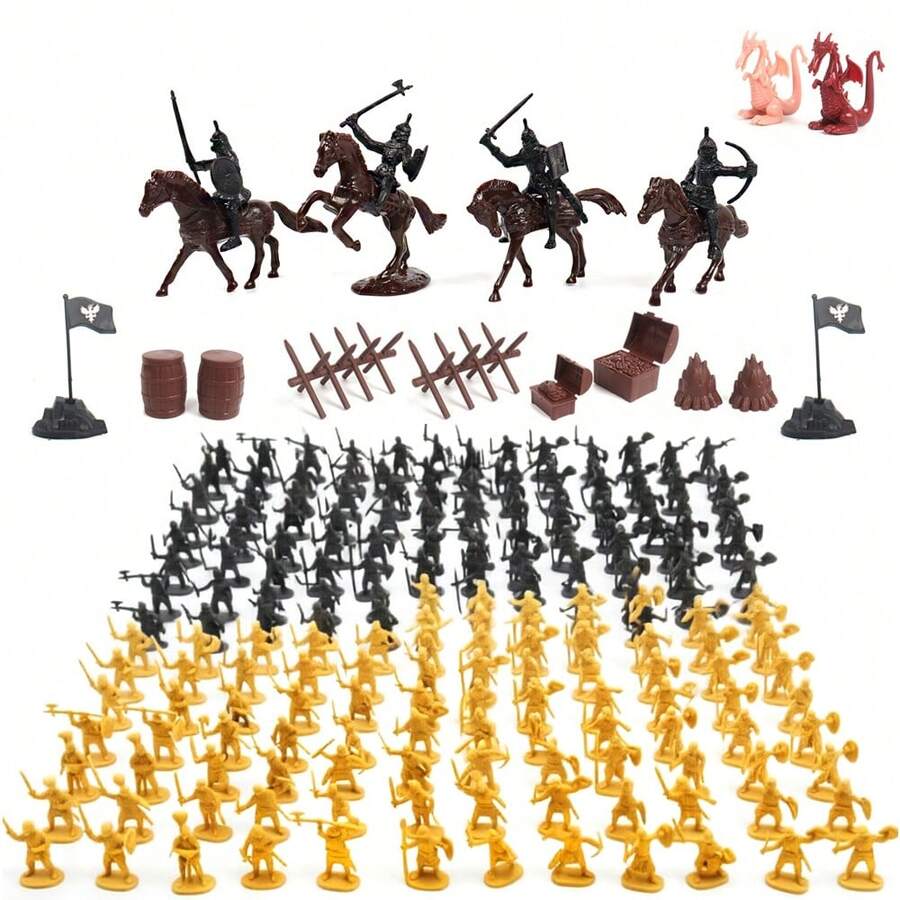 Ancient Mini Soldier Set Pretend Play Battle Knights Fire-Breathing Dragon Treasure Flag Medieval Warrior Children's Toy Birthday Gift With Storage Box