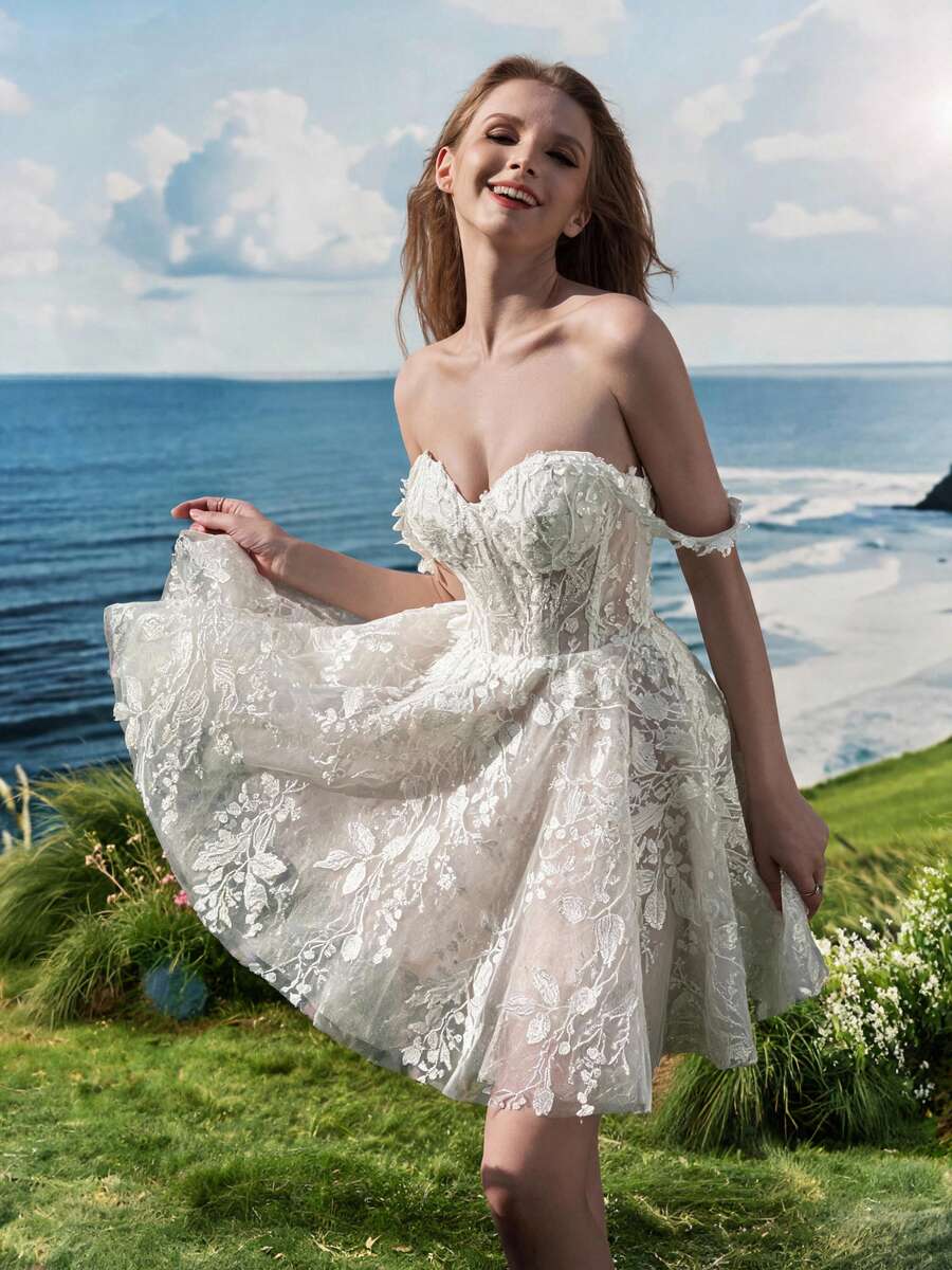 Elasola 夏季新款甜美刺繡薄紗A字短款婚紗禮服，優雅風格