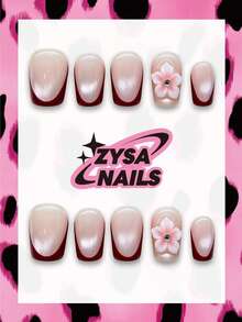 Zysa Medium Square Nude Red French Cat Eye Press On Nails, 3D Pink Flower Rhinestone Glossy False Nails, Elegant Romantic Reusable Nail Art For Wedding Date Party Daily Manicure Y2K Summer Nails Music Festivals Back To School Graduation Travel Gifts - Multicolor - View 1