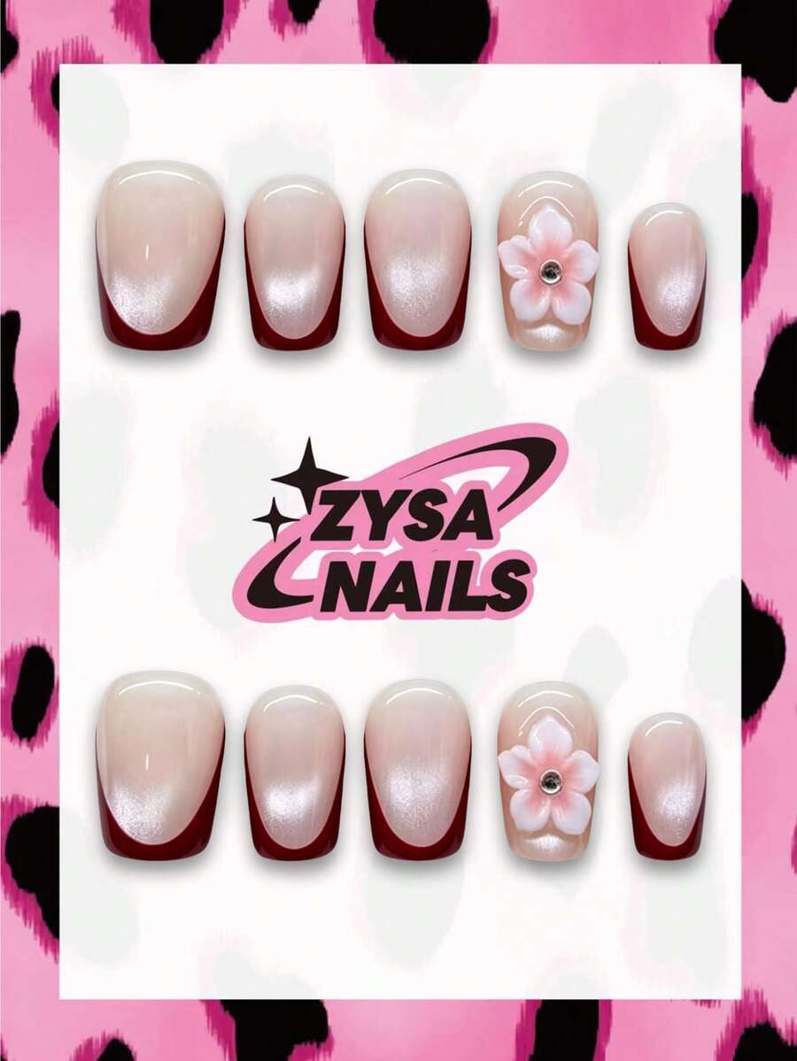 Zysa Medium Square Nude Red French Cat Eye Press On Nails, 3D Pink Flower Rhinestone Glossy False Nails, Elegant Romantic Reusable Nail Art For Wedding Date Party Daily Manicure Y2K Summer Nails Music Festivals Back To School Graduation Travel Gifts - Multicolor - View 1