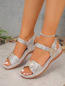 Women's Sandals, Comfortable And Lightweight, Single Buckle Design, Elegant And Fashionable, Suitable For Daily Wear, Summer Gold Sandals - Silver Crocodile Pattern - View 5