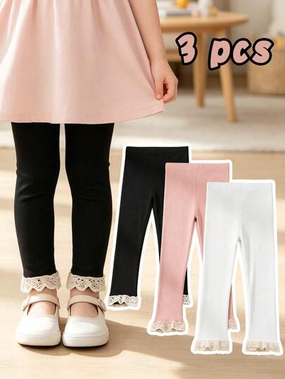 3pcs/Pack Girls Lace Trim Leggings, 3 Colors High Elastic Slim Fit Children Long Pants, All Season Wearable Versatile Daily Style