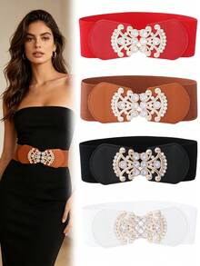 1pc Women's Wide Waist Belt With Metal Buckle Decor, Vintage High Waist Dress Belt, Black - Waistband - View 1