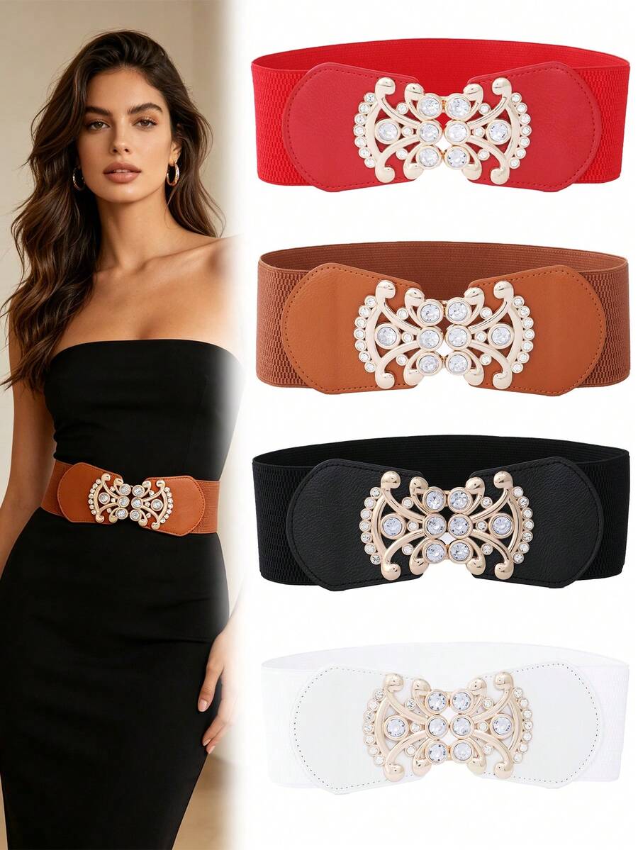 1pc Women's Wide Waist Belt With Metal Buckle Decor, Vintage High Waist Dress Belt, Black - Waistband - View 1