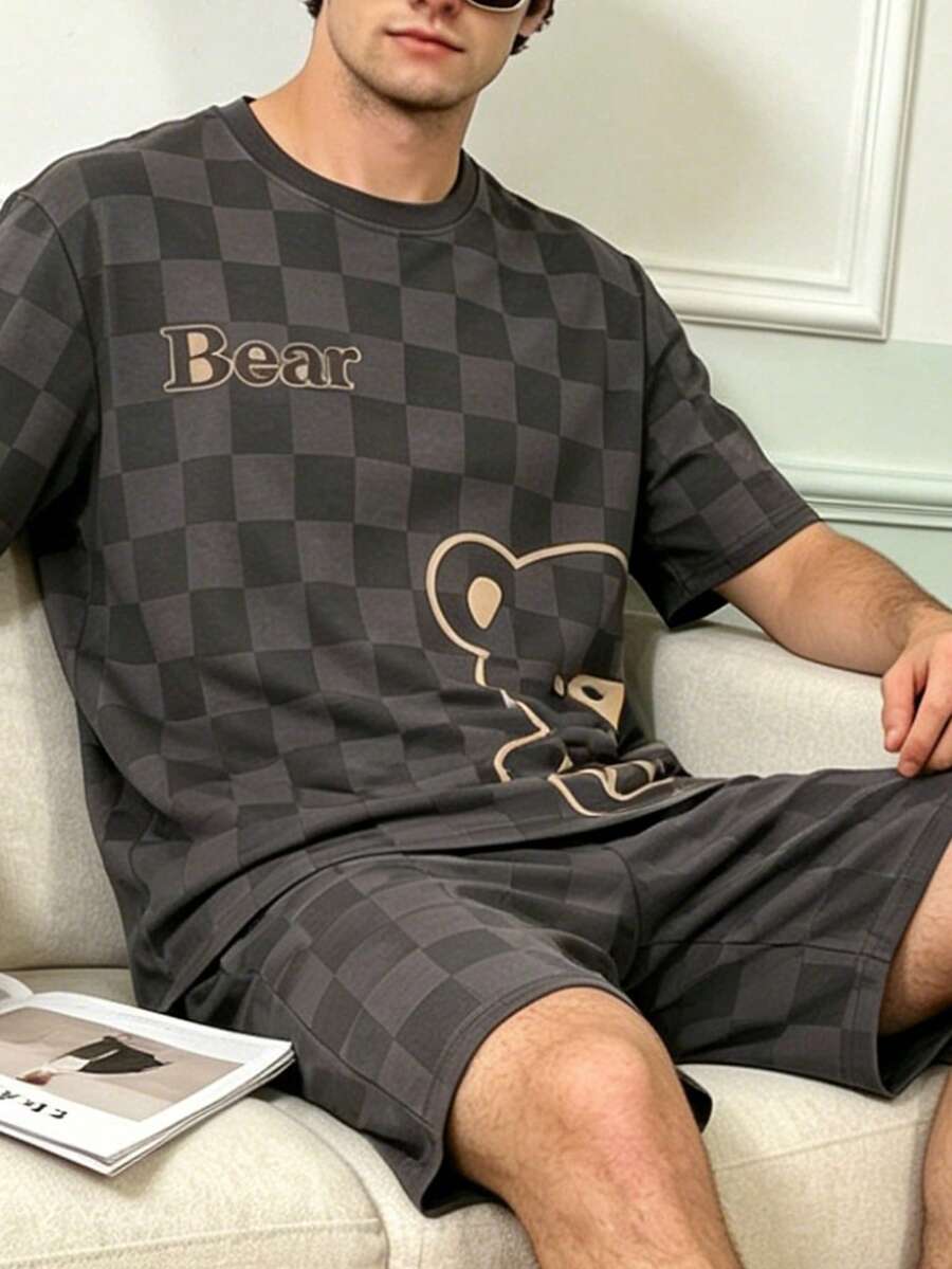 Men's Summer Checkerboard Heart Bear Print Short Sleeve Shorts Comfortable Loungewear - Multicolor - View 1
