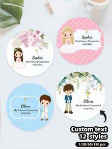 1/30/60/120 pcs Stiker Komuni Pertama Kustom, Label Nama dan Tanggal Personalisasi, Label Bulat Tahan Air dan Tahan Minyak, Ideal untuk Suvenir Baptisan, Dekorasi Perayaan Keagamaan, Segel Amplop Undangan, Mi Primera Comunión - MultiWarna - View 1