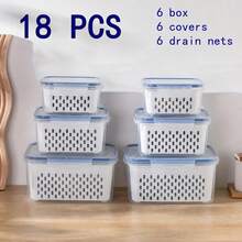 18/9/6-Piece Food- Drainage Baskets. Household Airtight Refrigerator Fresh-Keeping Storage Containers With Drain Basket And Lid For Storing Various Fruits And Vegetables. 6/3/2 Boxs+6/3/2 Covers +6/3/2 Drain Nets - View 11