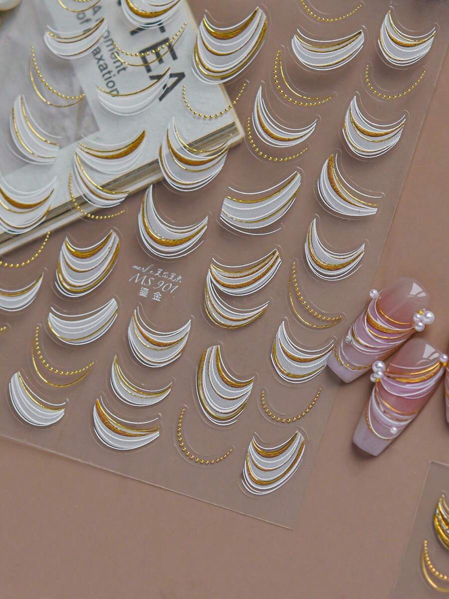 1pc 5D Gold Plated Nail Art Sticker, New French Style Premium Gold Ribbon Nail Decoration, Self-Adhesive Nail Art Sticker, DIY Nail Accessory Nail Stickers - Gold - View 1