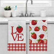 2件組紅色格紋 LOVE 草莓圖案廚房毛巾，40*60cm鄉村農場風長方形抹布、桌布、手巾，廚房裝飾，鄰居喬遷禮物，廚房餐巾與抹布，居家裝飾禮品 - 紅白色 - 查看 11