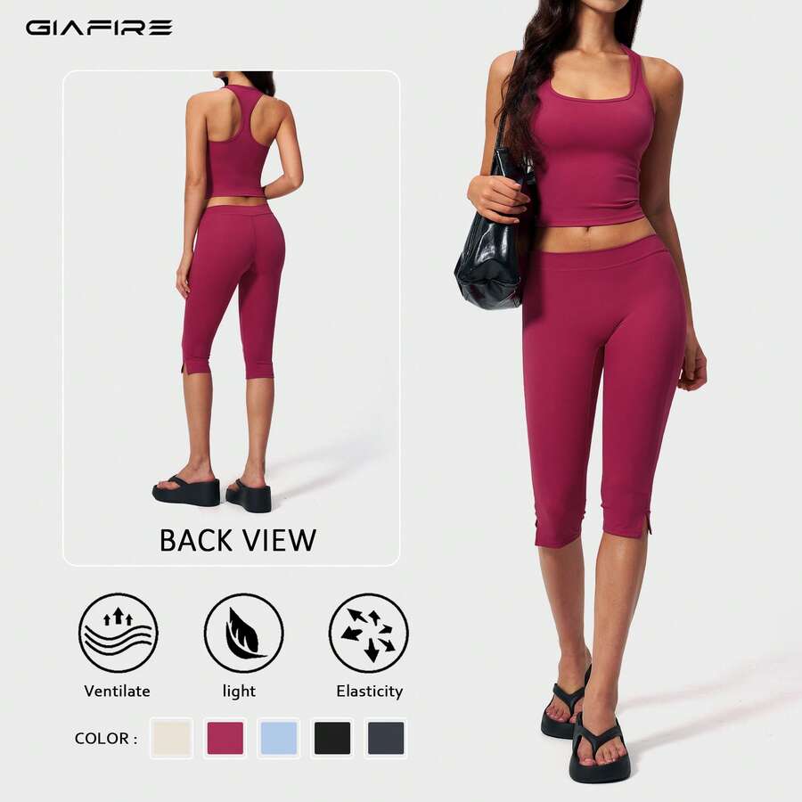 2026新款 GIAFIRE 女款2件式瑜伽套裝，緊身快乾高腰提臀收腹刷毛寬腿褲，適用皮拉提斯、跑步、健身、戶外休閒舒適運動
