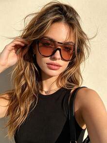 1pc Large Frame One-Piece Lens Fashion Glasses Half-Rim Tea Color Street Style Versatile Women's Eyewear - 亮黑茶片 - 查看 2