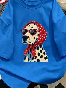 Women's 100% Cotton T-Shirt With Dalmatian Print, Dog Graphic With Red Polka Dot Bandana, Casual Loose Fit, Short Sleeve, Fun And Unique Gift For Dog Lovers - 藍色 - 查看 5