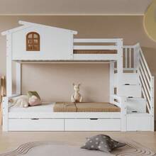 Bunk Bed, Children's Bed, Two Drawers With Casters, Exquisite Beautiful Windows, Corner Ladder Wardrobe - White - View 4