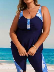 Plus Size Navy Blue Floral Print Panel Tankini Set With Knee Length Shorts - Multicolor - View 2