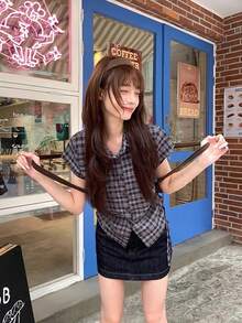 女款 Polo 領短袖格紋襯衫 夏季新款 收腰設計 獨特時尚上衣 - 藍色 - 查看 4