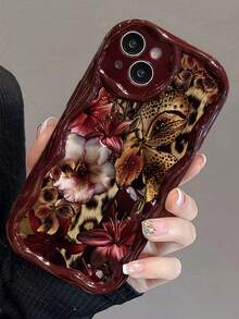 Floral Painted Creamy Wavy Edge Burgundy Flat Printed Anti-Fall Fashion Cute Phone Case Suitable For Ip 17/Ip 17pro/Ip 17promax/Iphone16/Iphone16pro/Iphone16promax/IPhone16plus/ 10cases Anti-Fall New IPhone14IPhnoe15 Anti-Fall P14 Thickened P13 Soft Shell P12 Full Coverage P11 Anti-Fall Creative Phone Case - Multicolor - View 5