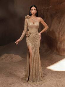 YISIKADO Luxury One-Shoulder Long Sleeve Hollow Mesh Sequin Floral Decor Ruffle Slit Fishtail Design Maxi Formal Evening Party Dress Wedding Fall - Gold - View 5