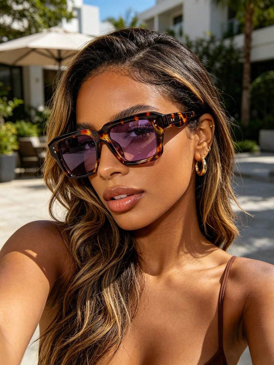 1 par de gafas de moda minimalistas con marco de metal cuadrado retro para mujer, adecuadas para uso diario, actividades de ocio al aire libre, vacaciones de verano en la playa, viajes al aire libre y otras ocasiones - Marco estampado leopardo pieza morada - Ver 1