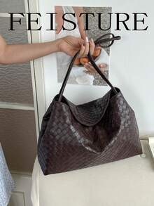 FEISTURE 1pc Vintage Large Capacity Woven Texture Women's Shoulder Bag, Fashion Commuter Tote, Suitable For Girls, Women, College Students, New Professionals And White-Collar Workers, Perfect For Work, Business, Commuting, School - Coffee - View 5