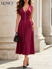 DONICY Vestido Midi Casual/para Encontro Ajustado com Zíper na Frente e Decote em V, Plissado, na Cor Bordô - Vinho - Visão 10