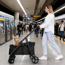 Heavy Duty Pet Stroller For Dogs And Cats Up To 54.43KG, Adjustable Handle, Foldable Dog Stroller With Linen Wrapping, Alloy Steel Frame, Large Animal Stroller For Travel & Outdoor Use - Deep Gray - View 2