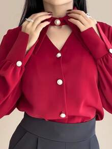 Women's New INS Style Solid Color V-Neck Hollow Out Elegant Mature Office Commute Travel Vacation Shopping Photo-Ready Design Blouse - Red - View 1