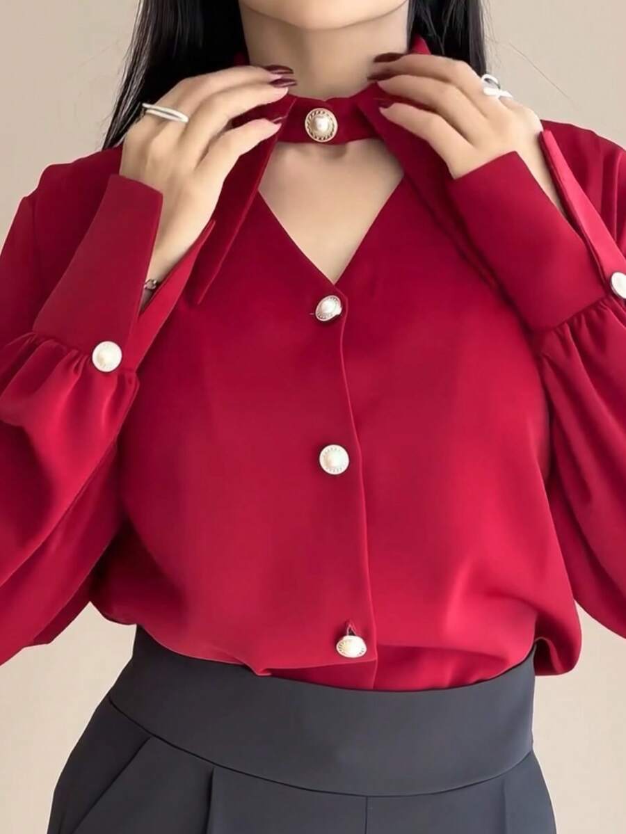 Women's New INS Style Solid Color V-Neck Hollow Out Elegant Mature Office Commute Travel Vacation Shopping Photo-Ready Design Blouse - Red - View 1