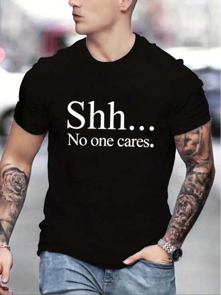 Men's Regular Fit Letter Print Round Neck Short Sleeve Tee, Casual Crew Neck T-Shirt for Daily Wear, Comfy Knitting Top for all Seasons - Preto - Ver 1