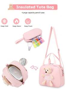 3pcs Set Solid Color Cute Bear (Detachable) Backpack Set, Cute School Bag With Bow Ribbon (Detachable), Crossbody Bear Lunch Bag, Zipper Closure, Large Capacity Multi-Pocket Lightweight School Bag, Suitable For Various Occasions, Campus Backpack, Travel Backpack, Back To School Gift - A - View 7