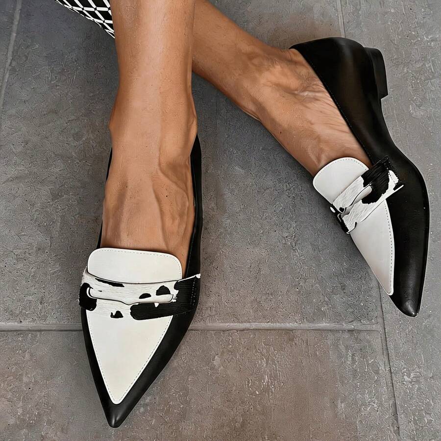 Women's Plus Size Color Block Pointed Toe Loafers - Slip-On Low Heel Flat Shoes With Upper & TPR Sole, Suitable For Office, Casual, Business Wear - Black and White+Cow Pattern - View 1