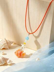 1pc Cute Personalized Orange Clownfish Necklace, Ocean Creature Beaded Choker, Gift - Orange - View 2