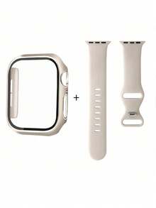 2合1運動矽膠錶帶與錶殼套組，相容 錶帶與錶殼尺寸 38mm、40mm、41mm、42mm、44mm、45mm，柔軟舒適矽膠錶帶配鉚釘扣，耐衝擊防刮硬 PC 材質與鋼化玻璃螢幕保護膜一體式錶殼，相容 Ultra/11/10/9/8/7/6/5/4/SE - 杏色 - 查看 6