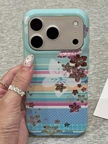 Casing Ponsel Mewah Baru dengan Motif Bunga Garis-garis Warna-warni, Polka Dot, Glitter, Rhinestone, dan Payet, Kompatibel dengan iPhone 18 Pro Max 18 Pro 17 Pro Max 17 Pro 16 Pro Max 15 Pro Max 13 14 Pro Max 12 Pro 15 Plus 11. Pelindung Belakang Lembut Artistik - Bunga bergaris - View 2