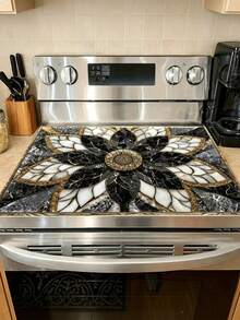 1pc 2D Flat Luxury Black Golden For Lotus Marble Pattern Stove Protector Mat, Wear Resistant, Dirt Resistant, Durable, Easy To Clean, Reusable, Suitable For Travel, Gas Stove, Washing Machine, Kitchen Essentials, Home Decor, Vacation Essentials - a - 查看 2