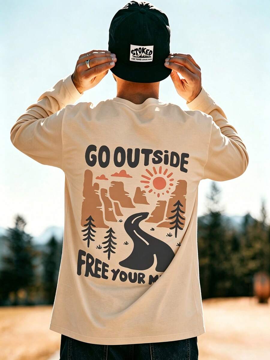 Vintage Outdoor Camping Style Mountain Road Graphic Print Long Sleeve T-Shirt, Men's American Casual Loose Fit Versatile Inner Layer Outerwear Top - Apricot - View 1