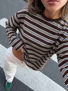 SDNGED Women's Casual Top, Striped Color Block Ribbed Fabric, Everyday Wear Spring/Autumn, Effortless Style - Coffee Brown - View 4