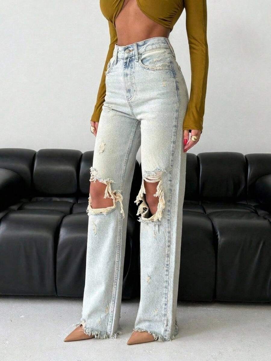 SQUALO Women's Destoryed Light Blue Washed Destoryed Jeans