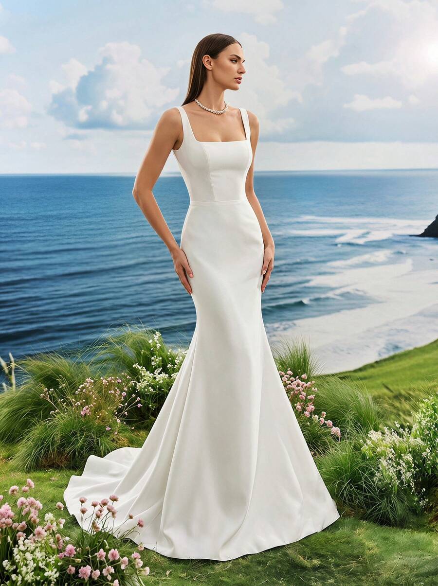 Elasola 白色細肩帶高腰修身露背伴娘禮服魚尾裙 優雅婚禮穿搭