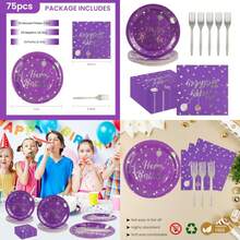 75PCS Happy Birthday Paper Plates And Napkins Set-Disposable And Sliver 7IN Party Dessert Plates 6.5IN Napkins Gold Forks Tableware Set For Birthday Wedding Graduation Party Decoration Serve 25 - Purple - View 10