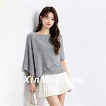 Summer Gentle Slouchy Asymmetrical Knit Top Solid Color Faux Two Pieces/Deconstructed T-Shirt For Evening Date, Daily Wear And Vacation - Grey - View 2