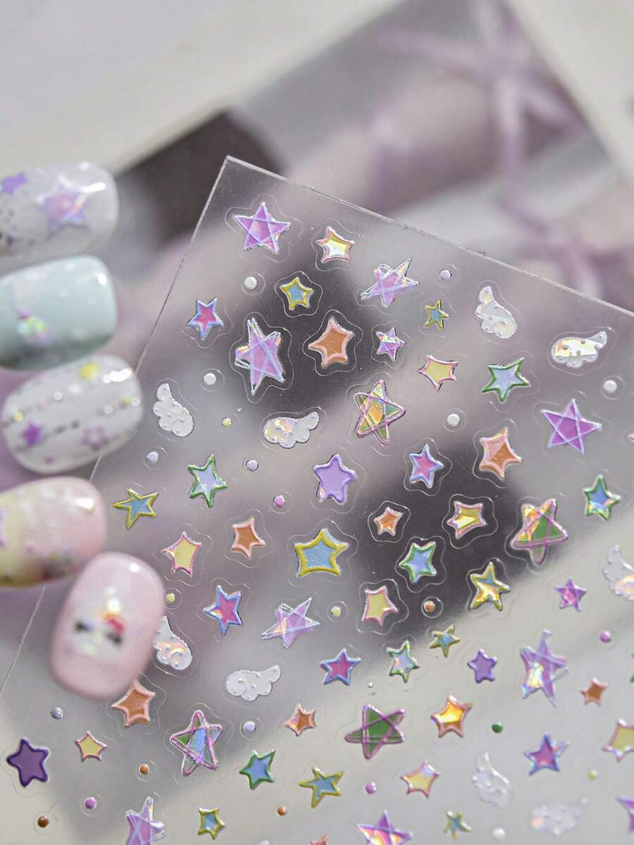1pc Holographic Star Nail Stickers, 3D Jelly Gradient Star Pattern, Exquisite Self-Adhesive Nail Decals - Multicolor - View 1