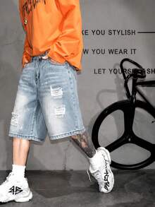 Pantalones cortos vaqueros desgastados y rotos para hombre, pantalones casuales sueltos lavados con vibración de longitud hasta la rodilla para verano - Celeste - Ver 6