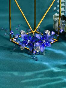 1 pieza Peine para el cabello con flor azul, accesorio elegante para la mujer, adecuado para bodas y fiestas - Azul - Ver 6